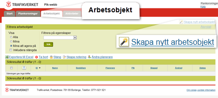 Skärmdump av Plk-webb, visar länken skapa nytt arbetsobjekt som finns i högt upp i högra hörnet