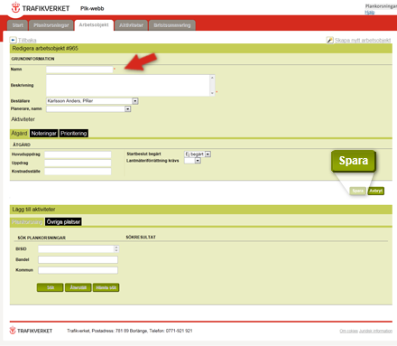 Skärmdump av Plk-webb, röd pil pekar på rutor för Namn ch Beskrivning.