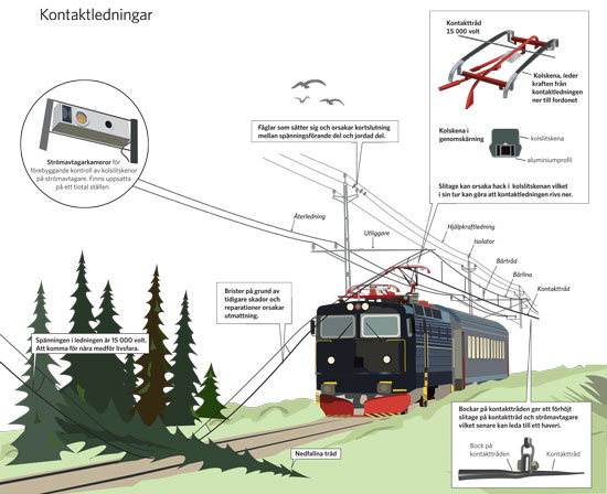 Illustrationsbild över kontaktledning och ett tåg.