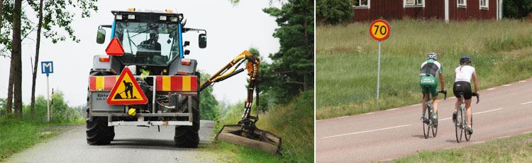 Traktor som slår gräs i dike längs vägen och vägrensblommor i förgrunden av väg med röd bil. Foto: Mostphotos, Lars-Olof Rosell och Bo Maltanski, Trafikverket