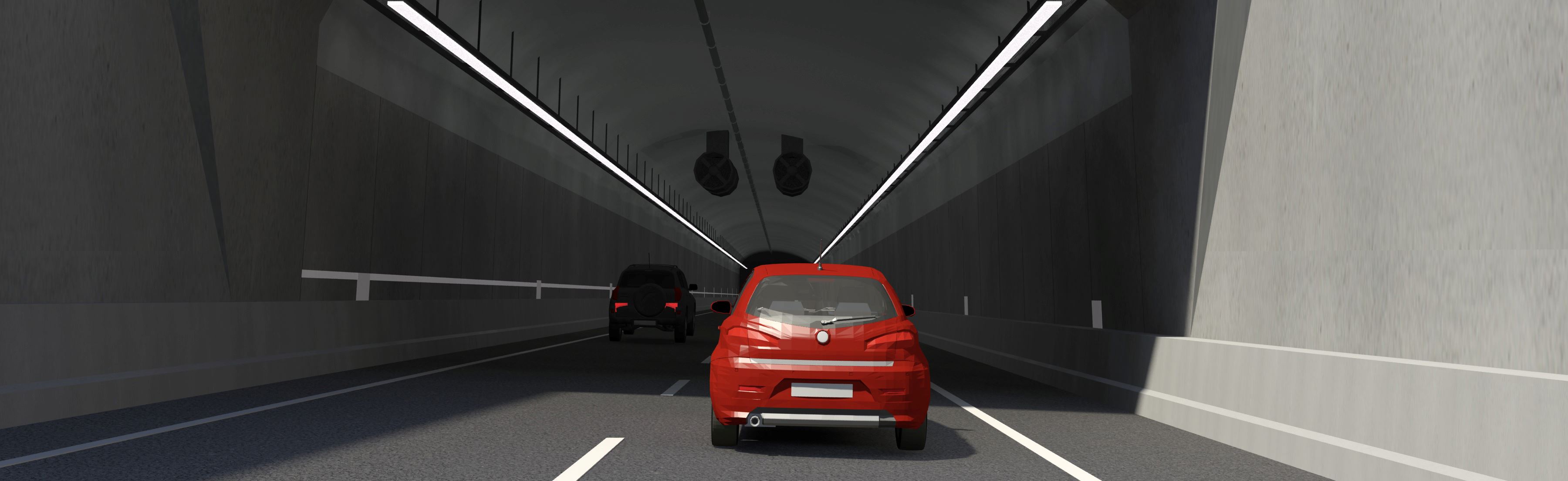 Illustration av en röd bil som åker in i vägtunnel.