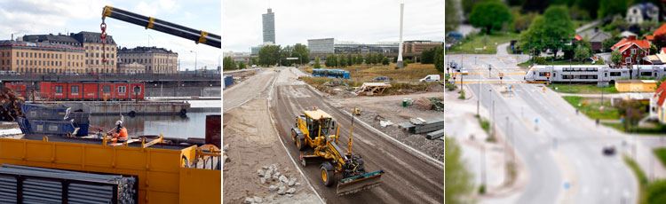 Arbete i Riddarfjärden, vägarbete, järnvägskorsning.