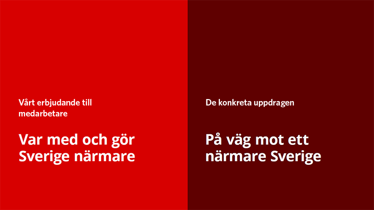 Två färplattor med texten; Var med och gör Sverige närmare och På väg mot ett närmare Sverige