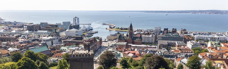 View over Helsingborg city center with the sea in the background.